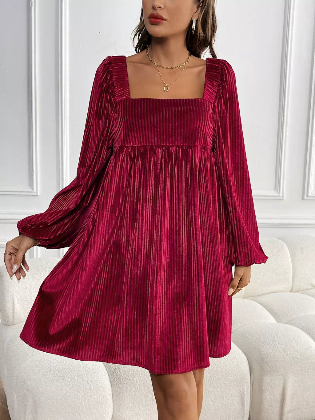 Textured Velvet Square Neck Long Sleeve Dress Bazaare Mart Long Sleeve Square Neck Velvet Dress