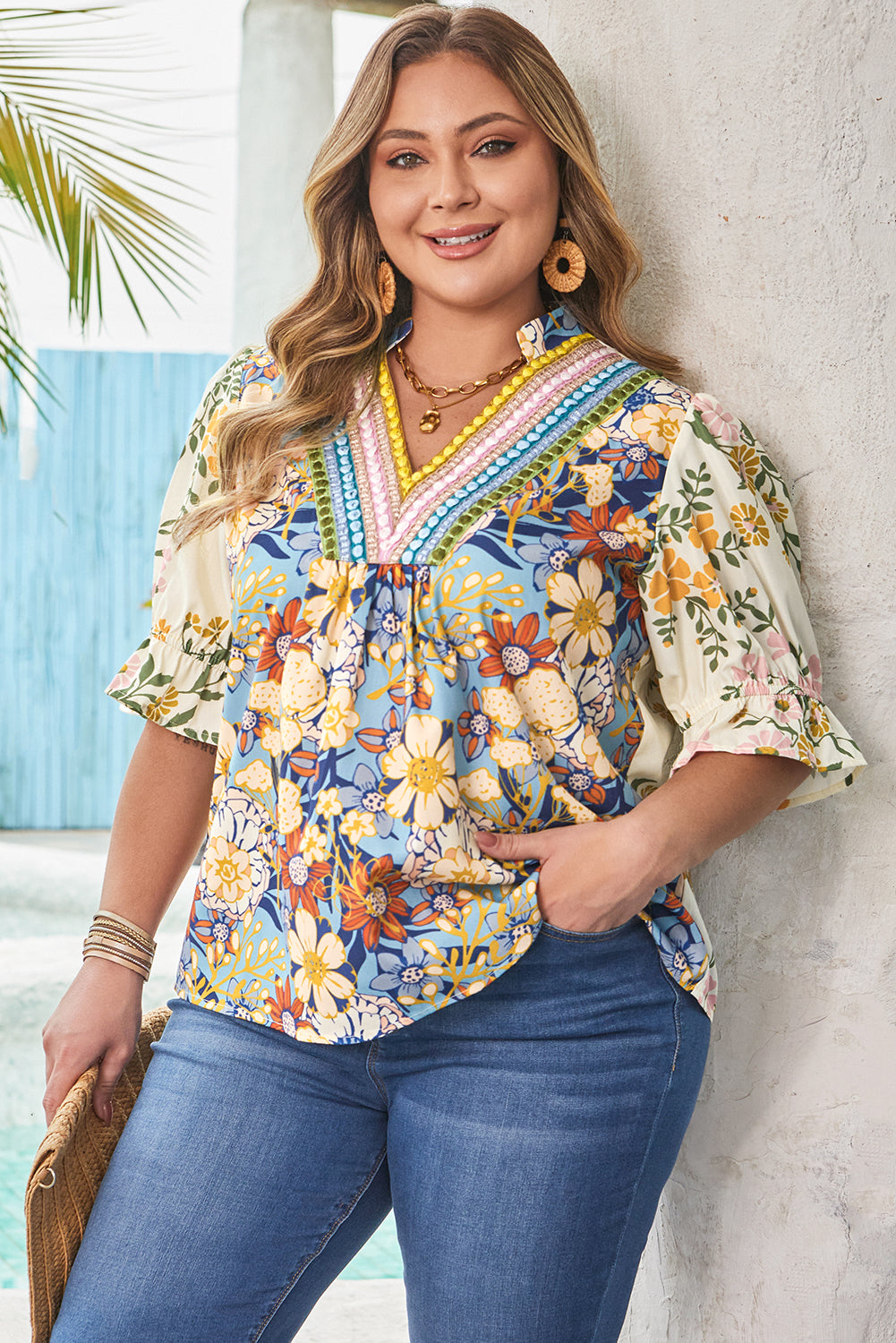 Floral Print Woven V Neck Half Sleeve Blouse Dear-Lover Dropshipping Plus Size/Plus Size Tops/Plus Size Blouses & Shirts
