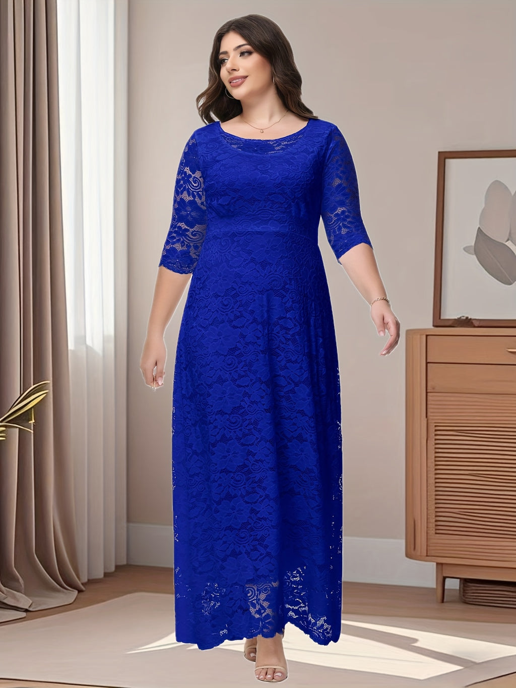 Royal  Plus Size O Neck Three Quarter Sleeve Lace Maxi Dress