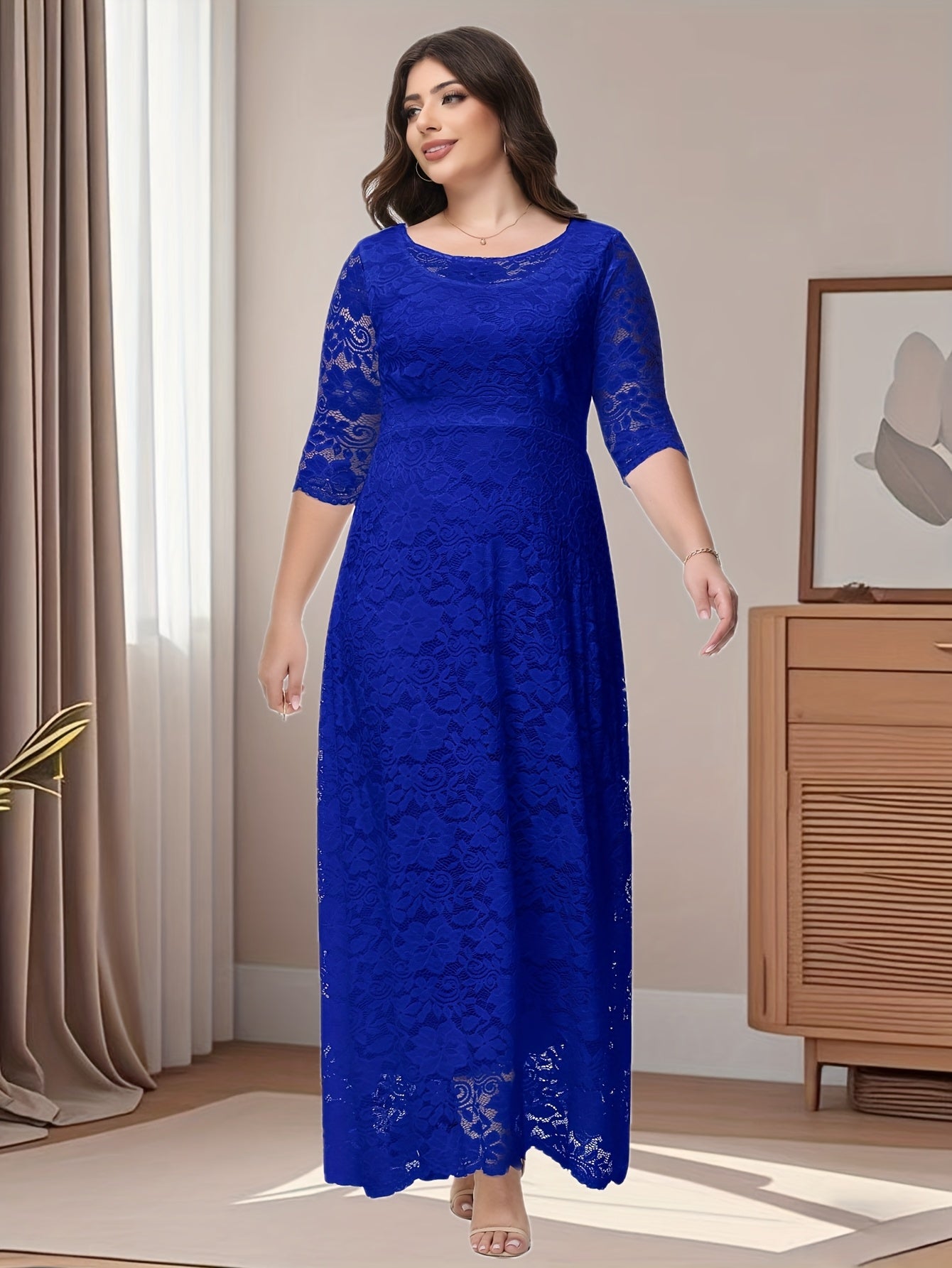 Royal  Plus Size O Neck Three Quarter Sleeve Lace Maxi Dress