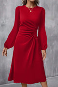Red Round Neck Long Sleeve Dress Fiery Red 50%Viscose+45%Polyester+5%Elastane Bazarre Mart Dresses/Midi Dresses