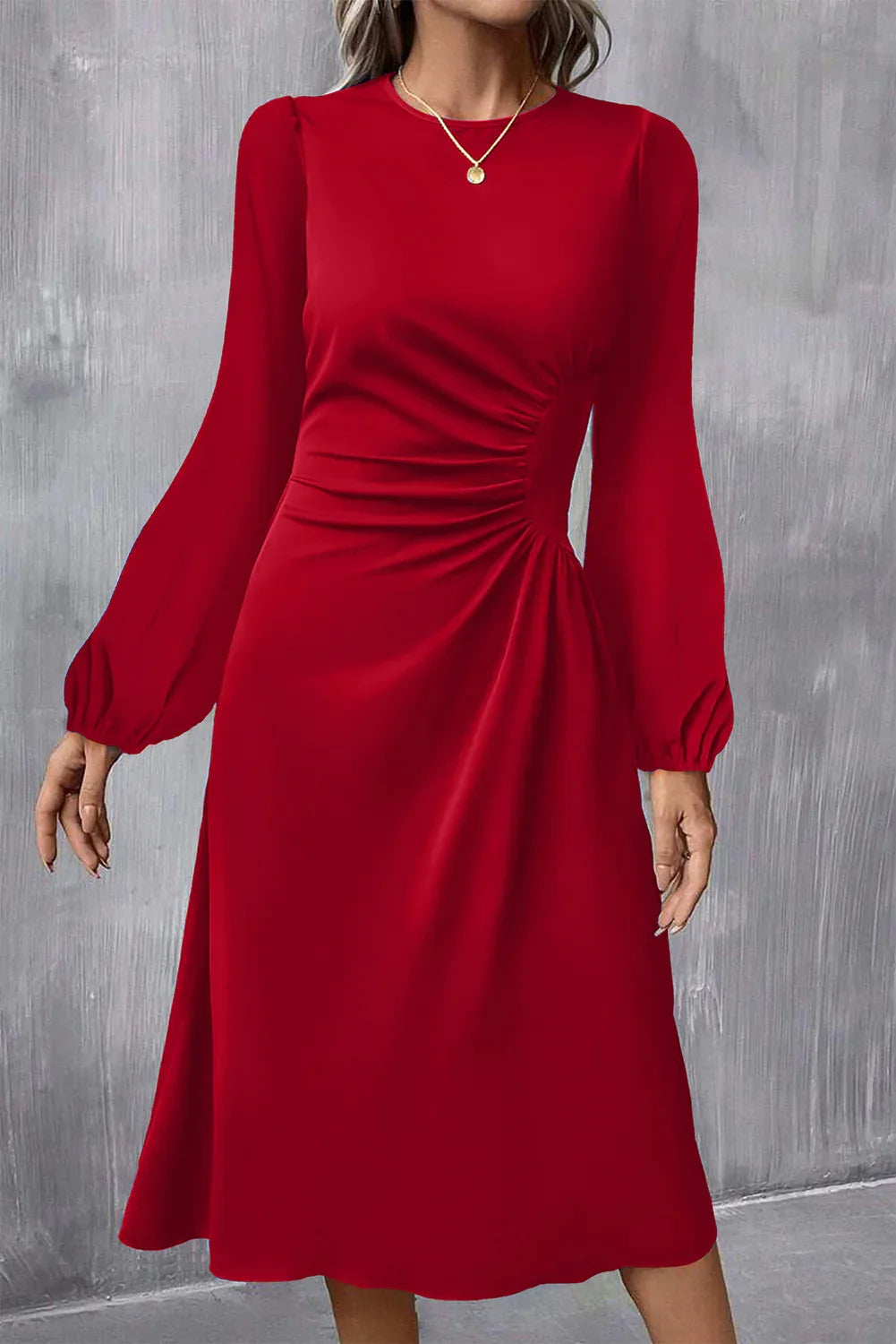 Red Round Neck Long Sleeve Dress Fiery Red 50%Viscose+45%Polyester+5%Elastane Bazarre Mart Dresses/Midi Dresses