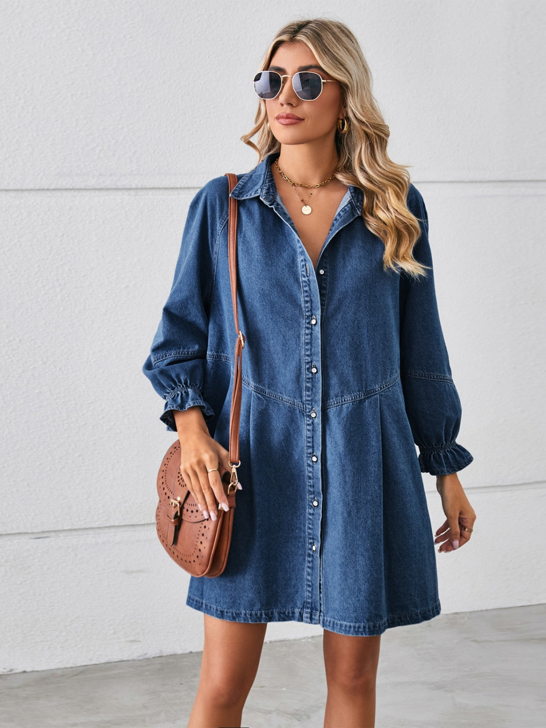 Button Up Flounce Long Sleeve Denim Dress