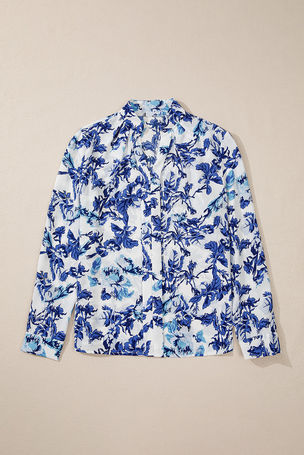 Blue Floral Notched Neck Elegant Blouse