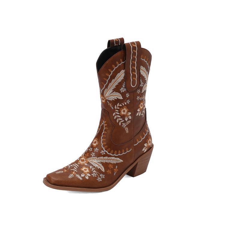 Chunky Heel Embroidered Knee-High Cowboy Boots – Women’s Square Toe Western Boots Dark Brown CJ Dropshipping Embroidered Denim Boots