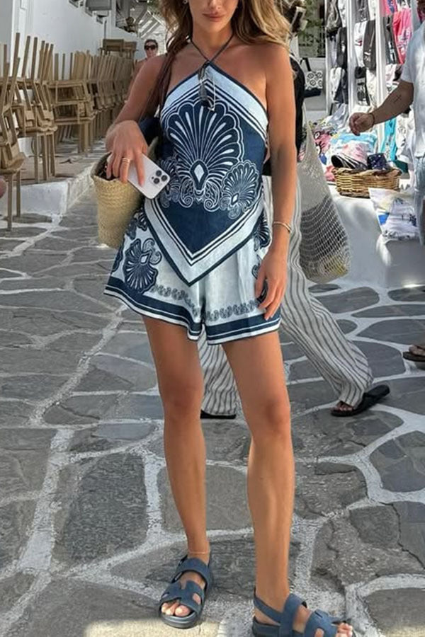 Women’s Blue Bandana Halter Lace-Up Top & Shorts Set CJ Dropshipping Blue Bandana Shorts Set