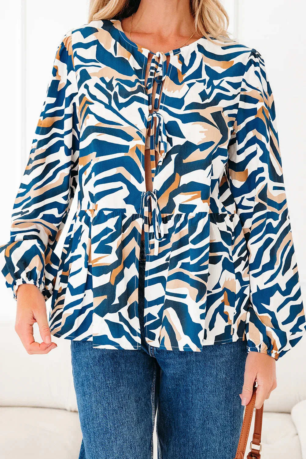 Blue Zebra Print Tied Front Puff Sleeve Top - Bazaare Mart