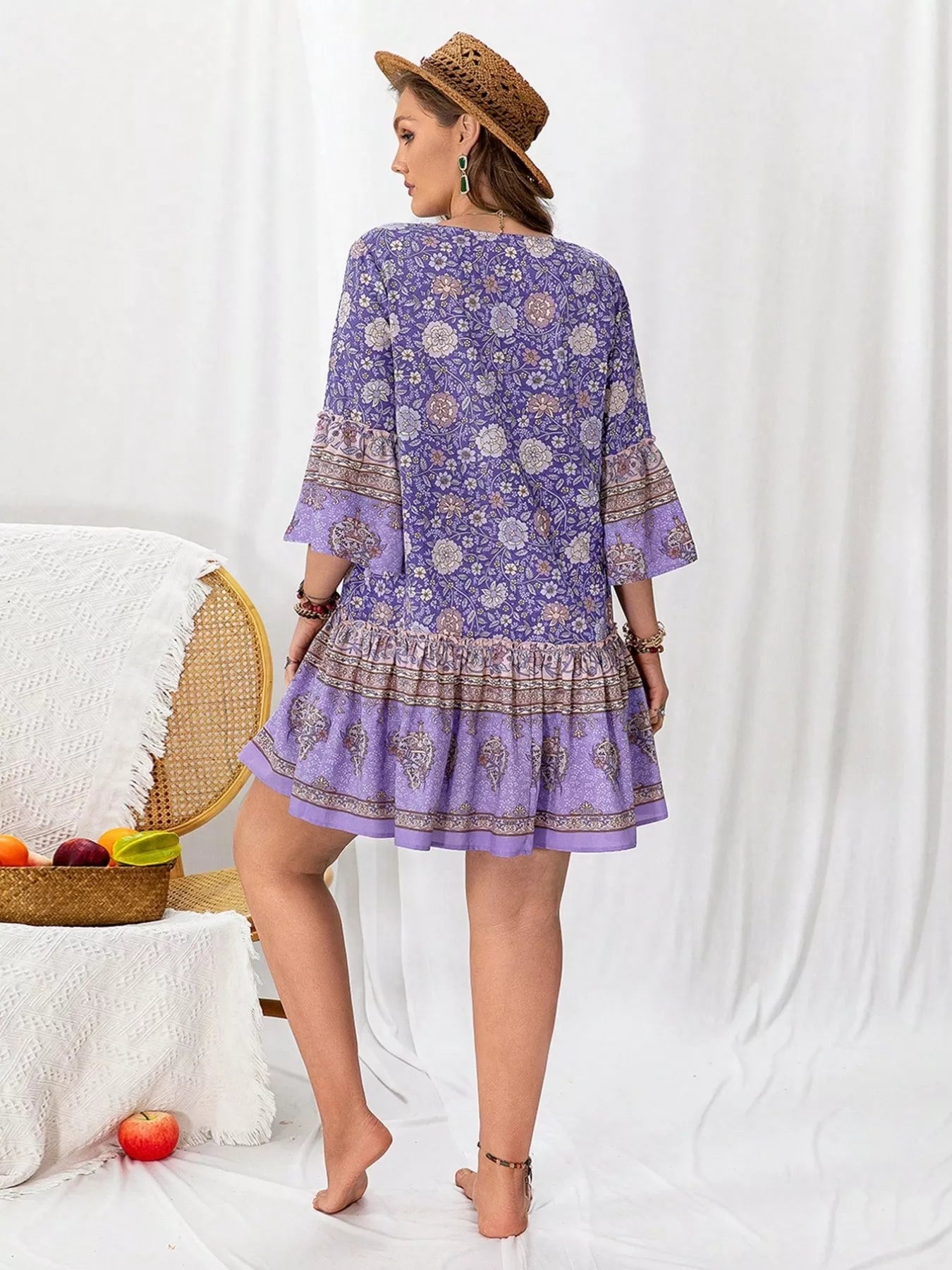 Purple Boho V-Neck 3/4 Sleeve Ruffle Hem Mini Dress Bazaare Mart Floral Print Ruffle Hem Mini Dress