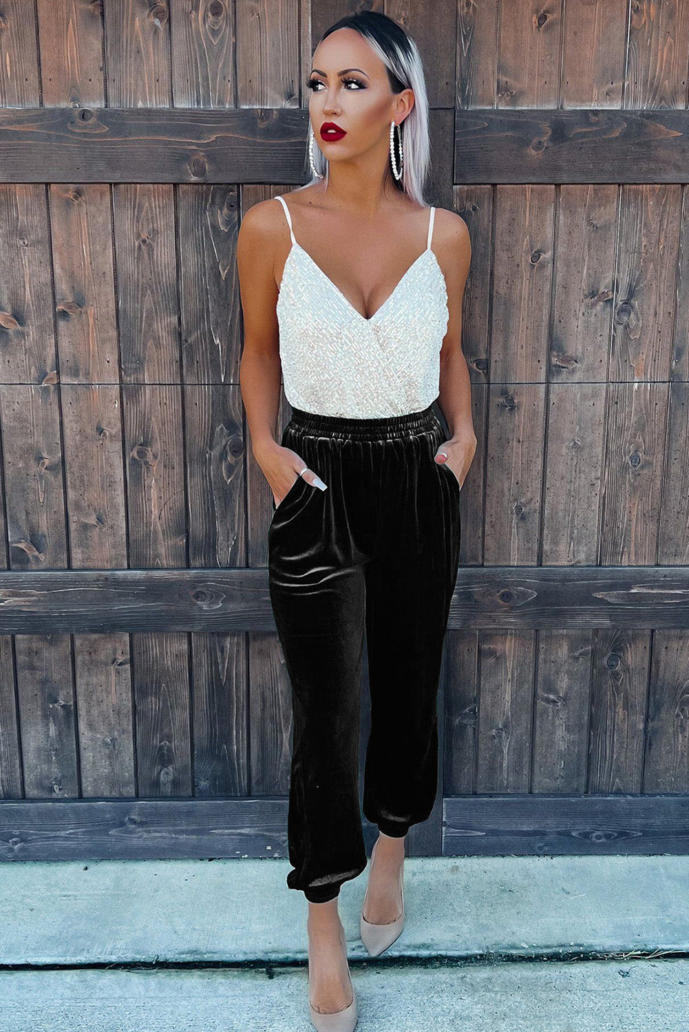 Black Velvet Joggers with Pockets