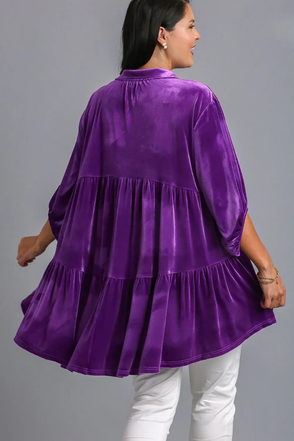 Umgee Full Size Button Down Tiered Back High Low Purple Velvet Shirt Trendsi Button Down Tiered Back High Low Shirt