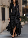 Elegant Satin Wrap Midi Dress – V-Neck Long Sleeve High-Low Ruffle Hem Dress Black S CJ Dropshipping Satin Waist-defined Ruffle Hem Dress