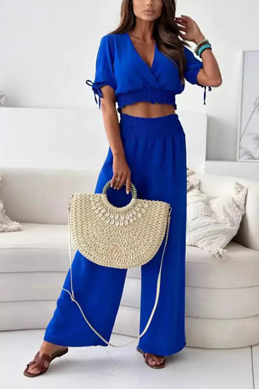Surplice Short Sleeve Top and Pants Set Royal Blue Bazarre Mart Outfit