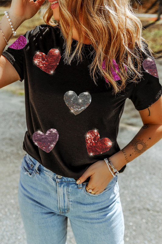 Black Sequin Heart Patch Tee