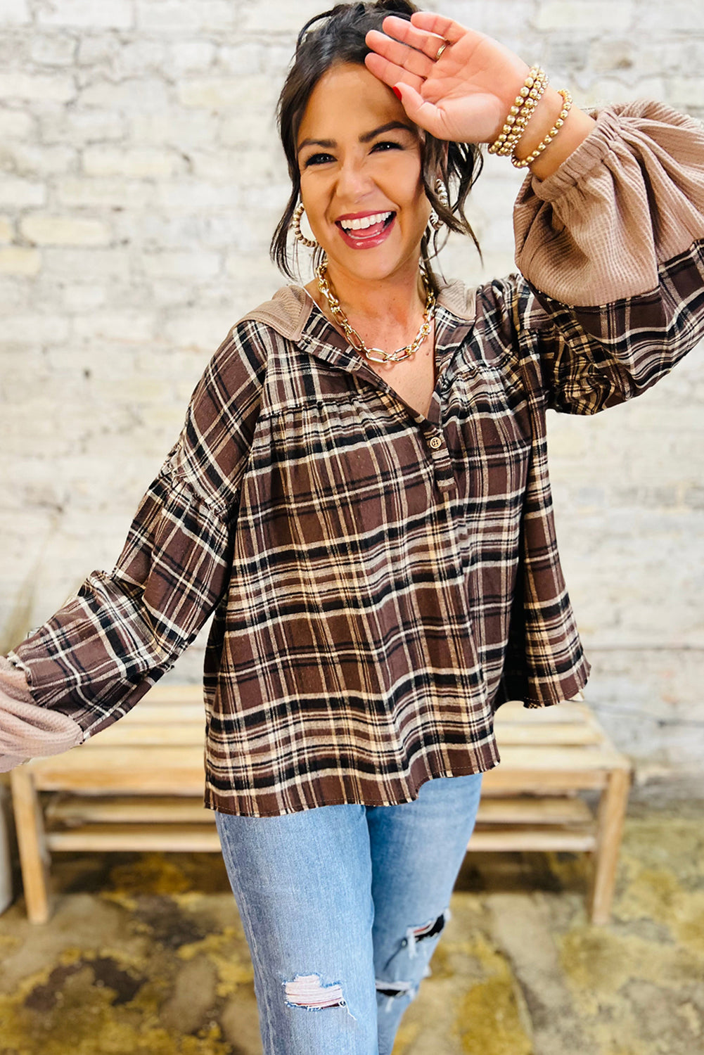Brown Plaid Long Sleeve Hooded Henley Top