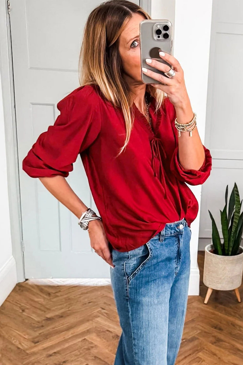 Solid Color Frilled V Neck Bow Detail 3/4 Sleeve Blouse Bazaare Mart Tops/Blouses & Shirts
