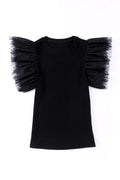 Black Dotty Mesh Ruffle Sleeve Ribbed Knit Top Black 93%Viscose+7%Elastane Bazaare Mart Tops/Tops & Tees