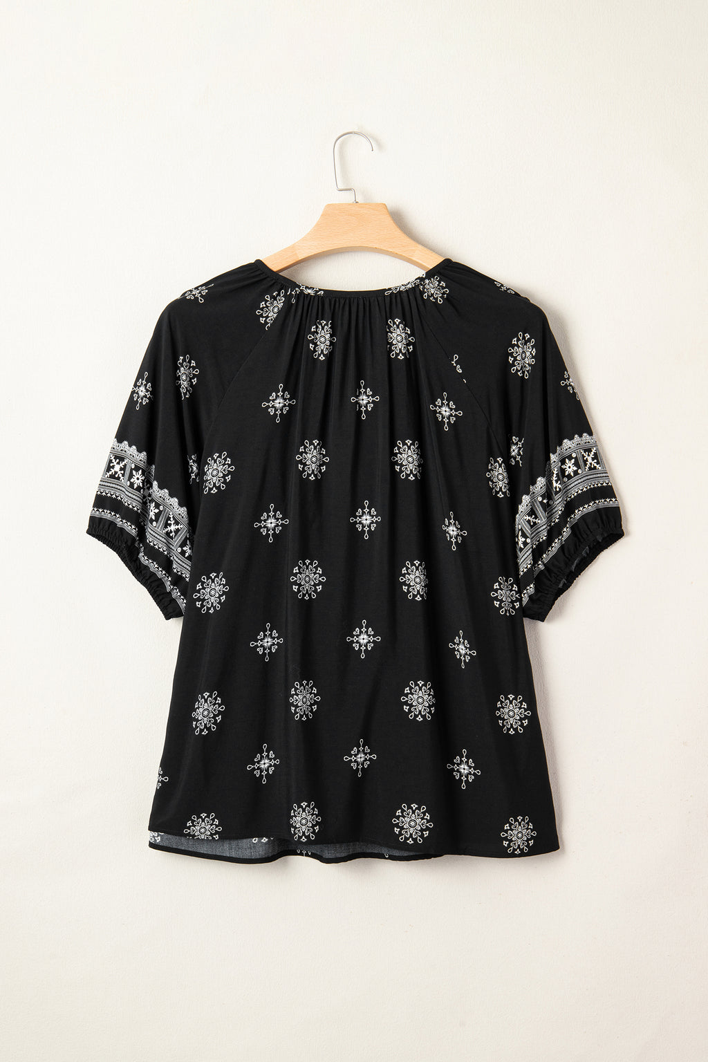 Black Boho Floral Notched V-Neck Top