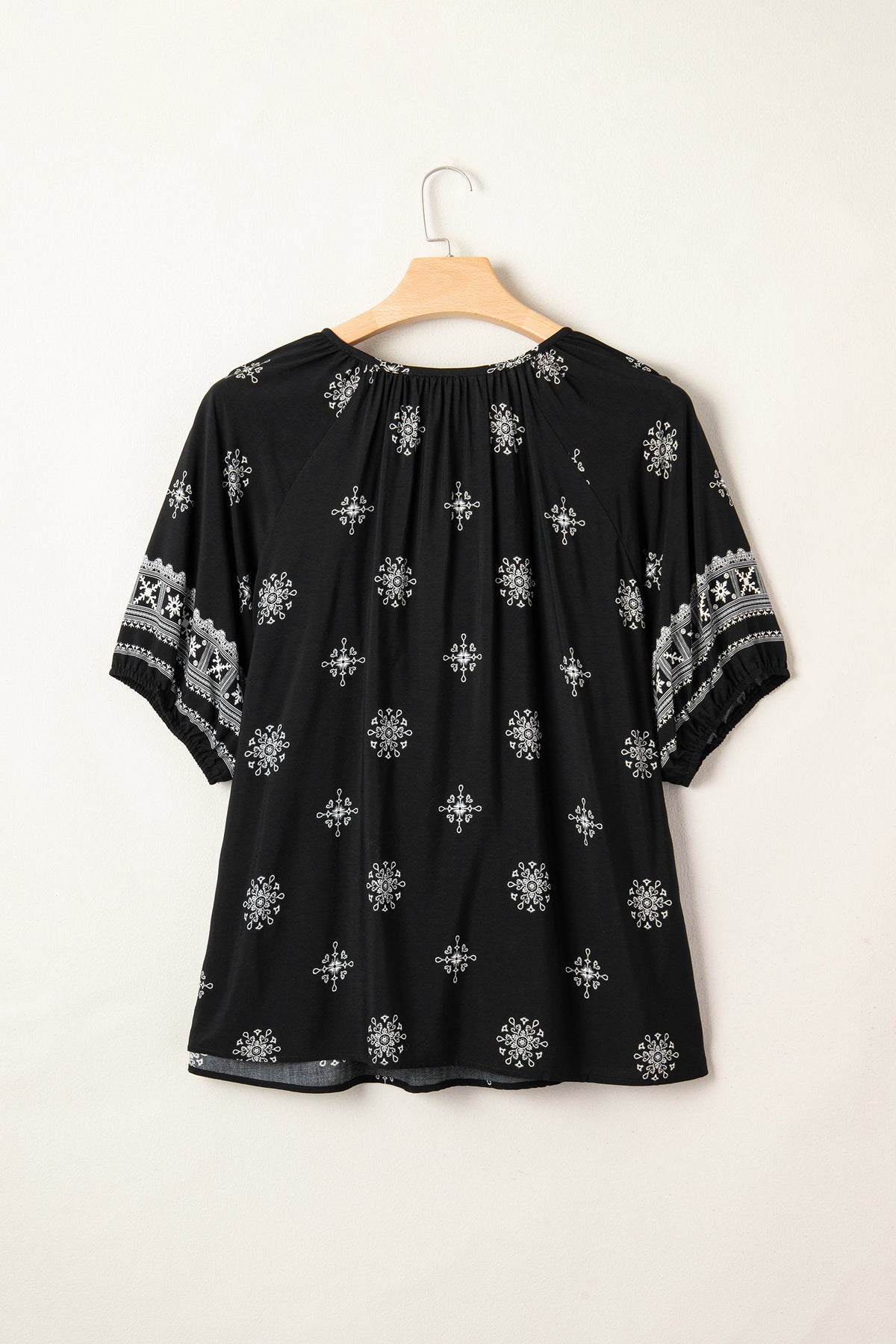 Black Boho Floral Notched V-Neck Top