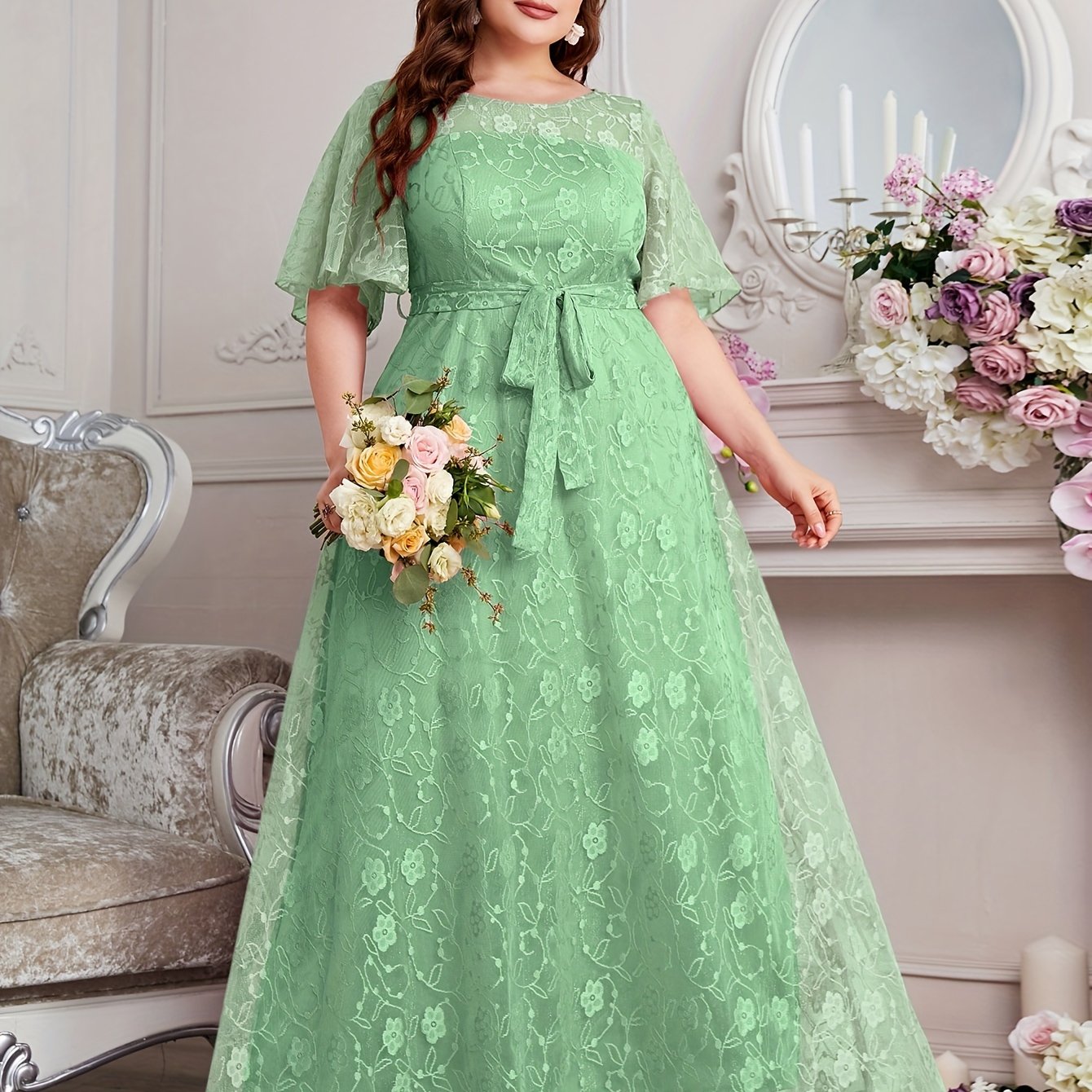 Elegant High Waist Lace Round Neck Half Flutter Sleeve Solid Color Formal Floor Length Dress