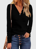 Button V-Neck Long Sleeve T-Shirt Black Bazaare Mart V-Neck Long Sleeve T-Shirt