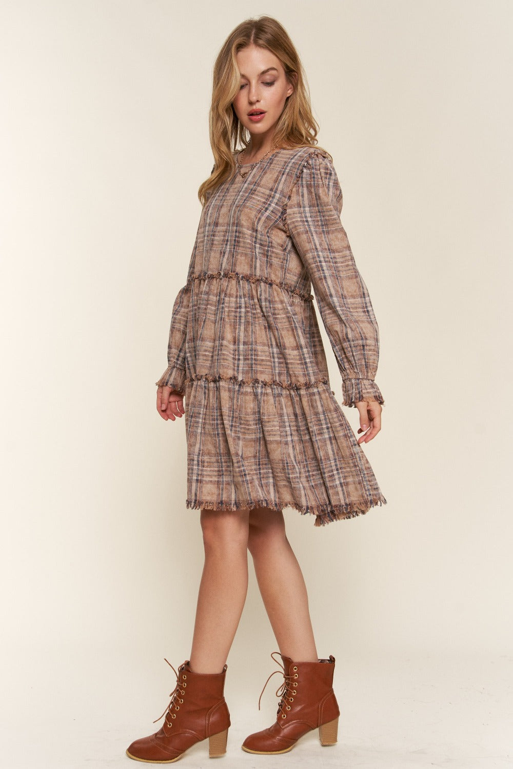 Washed Frayed Tiered Brown Plaid Dress