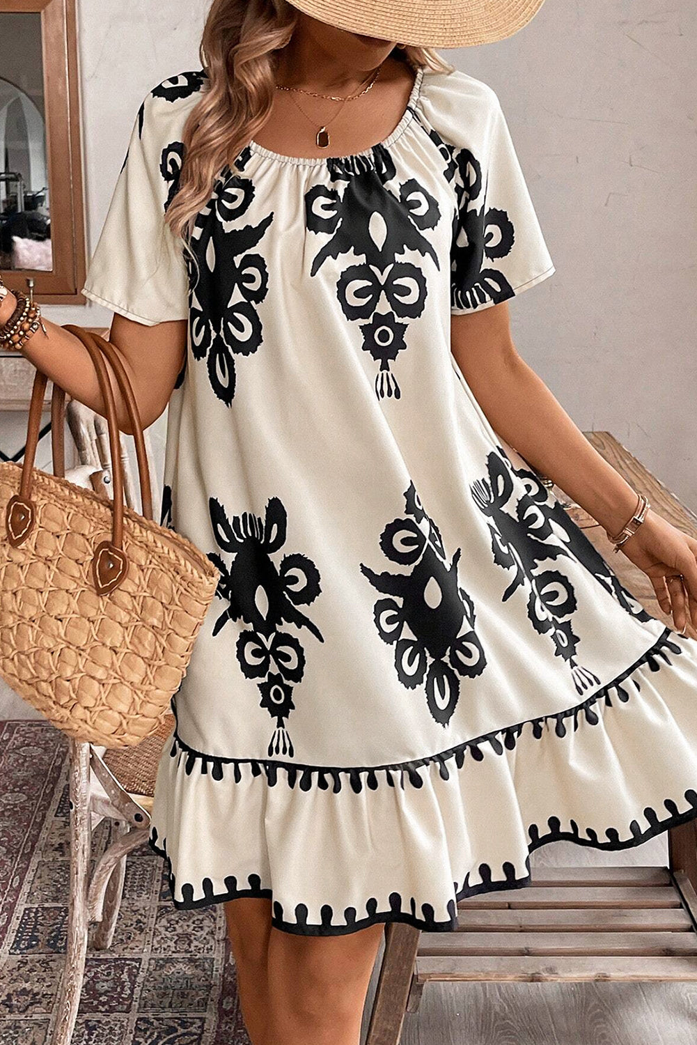 Apricot Print Ruffled Short Sleeve Loose Dress