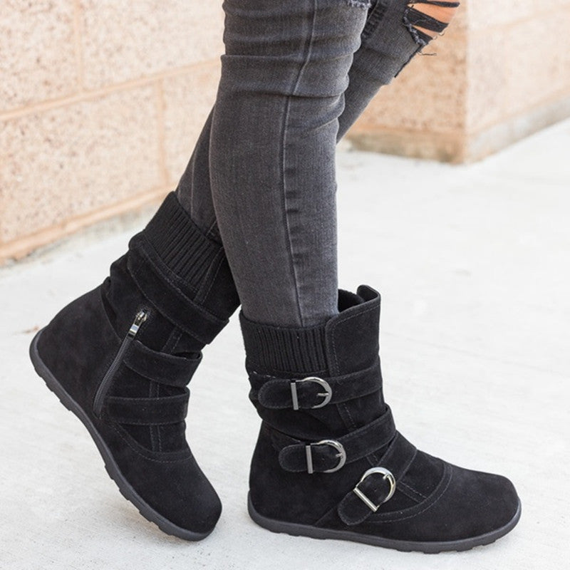 Casual Faux Suede Buckle Mid-Calf Flat Boots