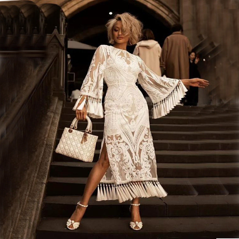 Lace Embroidered Tassel Hem Maxi Dress – Long Sleeve Boho A-Line Dress White CJ Dropshipping White Tassel Long Sleeve Midi Dress