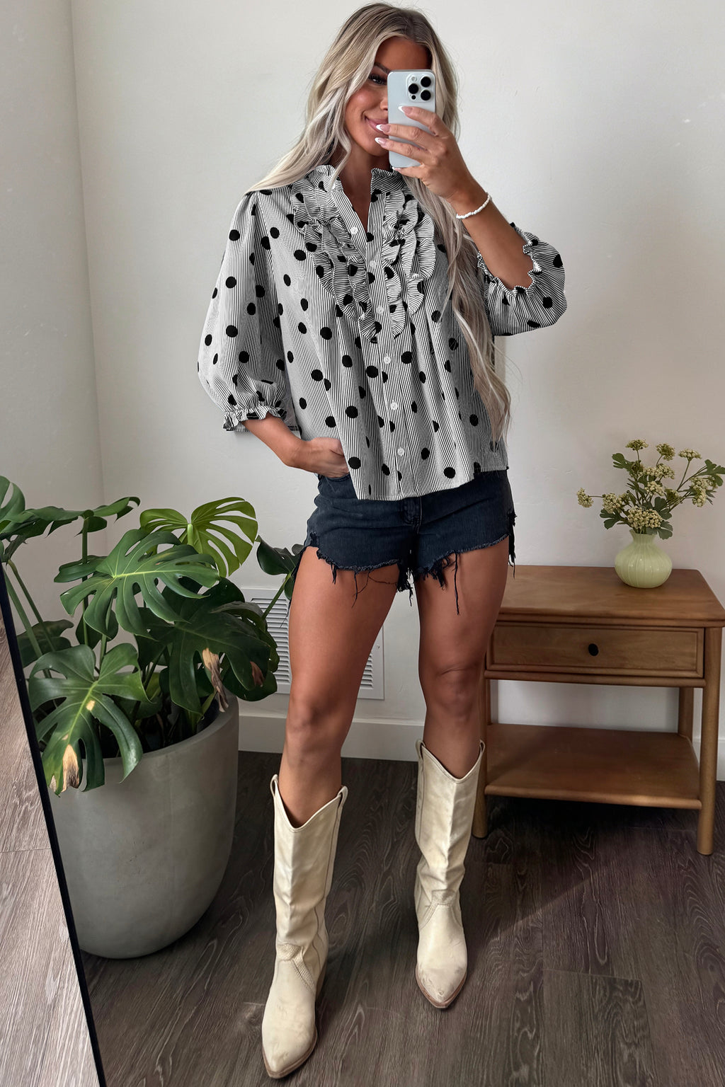Polka Dot Striped Print Ruffle Stand Up Neck 3/4 Sleeve Shift Shirt