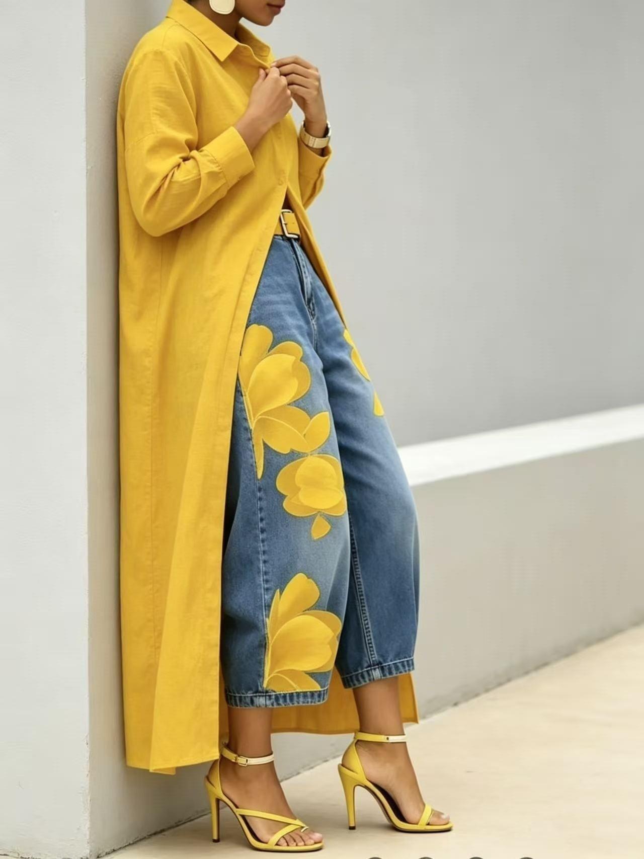 Women’s Loose Wide-Leg Printed Trousers – Comfortable Elegant Casual Pants Yellow Set CJ Dropshipping Wide Leg Painted Floral Jeans