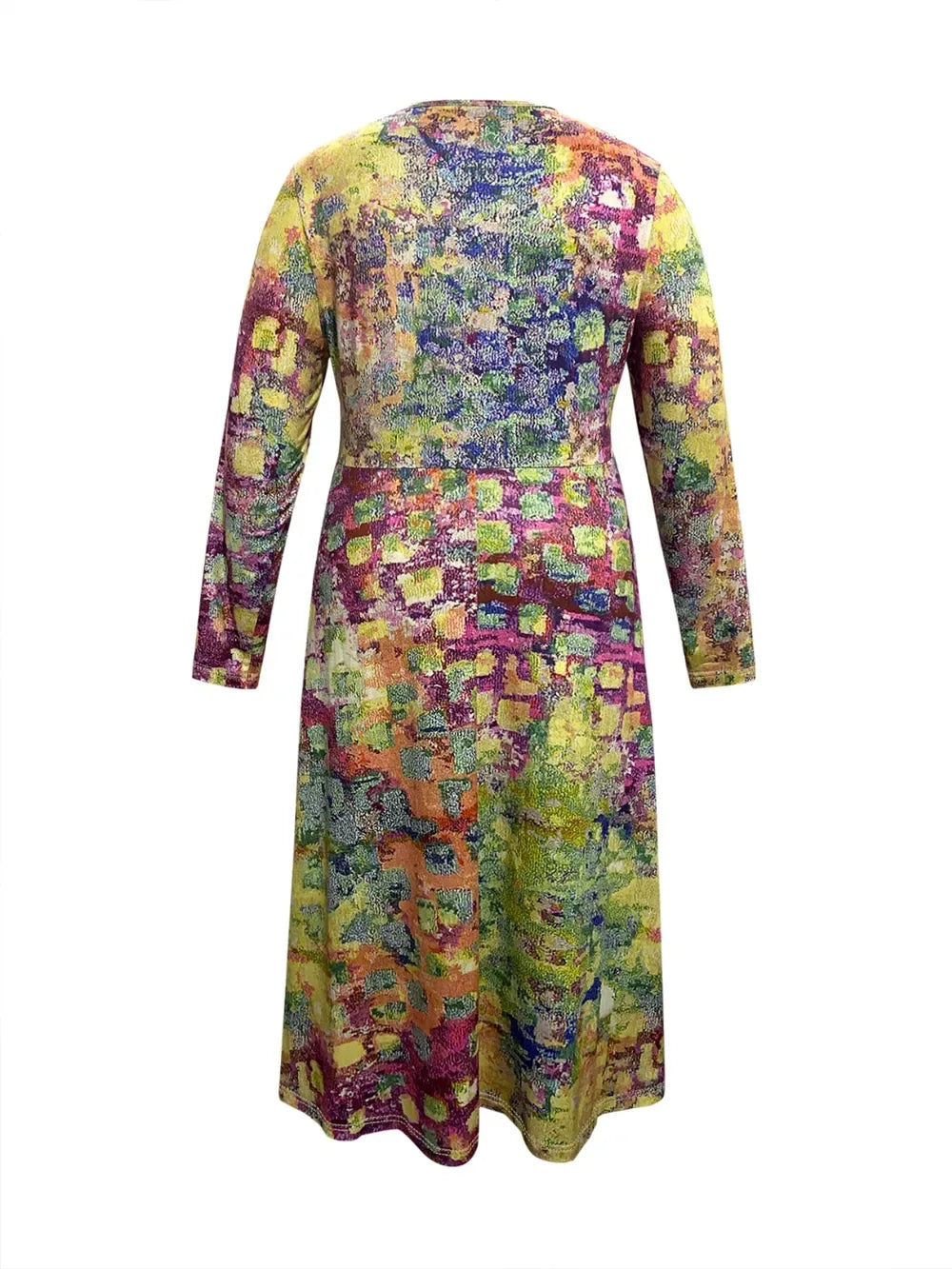 Yellow and Purple Abstract Round Neck Long Sleeve Midi Dress Bazaare Mart