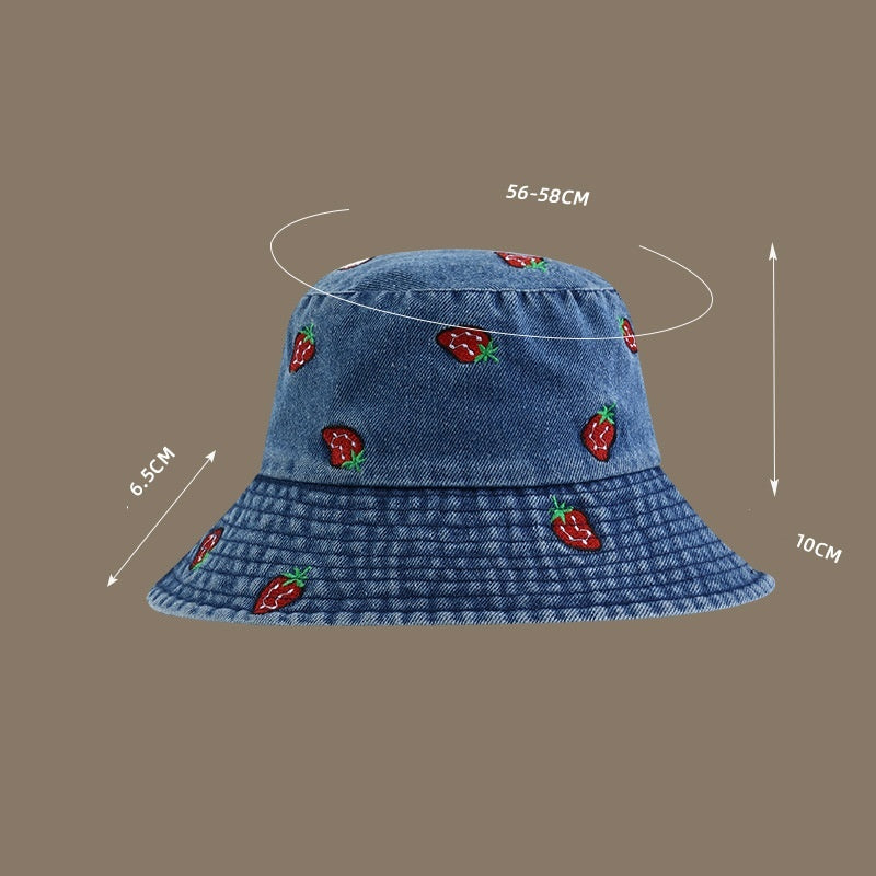 Strawberry Embroidered Denim Bucket Hat