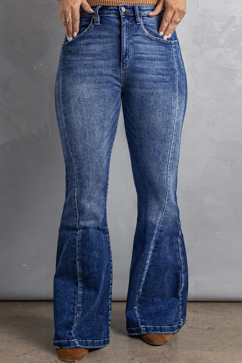 Dark Blue Washed Plus Size Flare Jeans