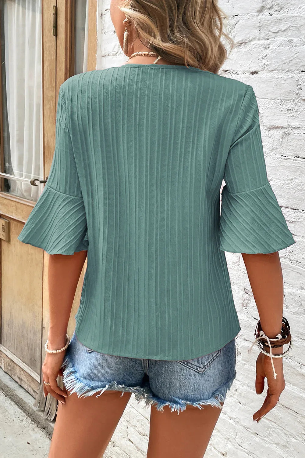 Grass Green Ruffled Half Sleeve V Neck Textured Top Dear-Lover Dropshipping Tops/Tops & Tees