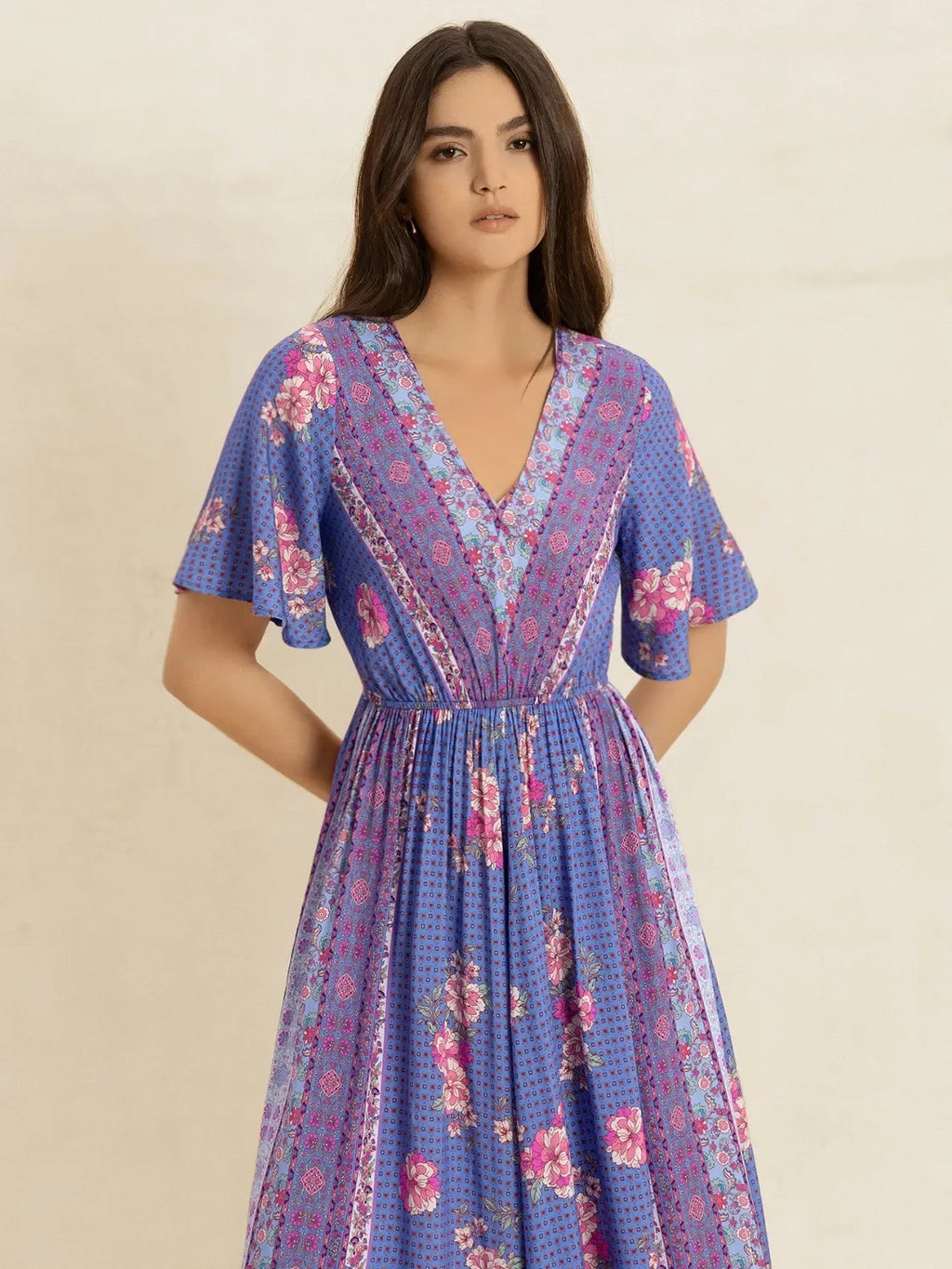 Printed Short Sleeve Midi Dress Bazarre Mart Purple Boho Midi Dress