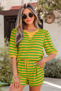 Striped Puff Half Sleeve T Shirt Shorts Set Yellow Stripe 95%Polyester+5%Elastane Dear-Lover Dropshipping Two Piece Sets/Short Sets