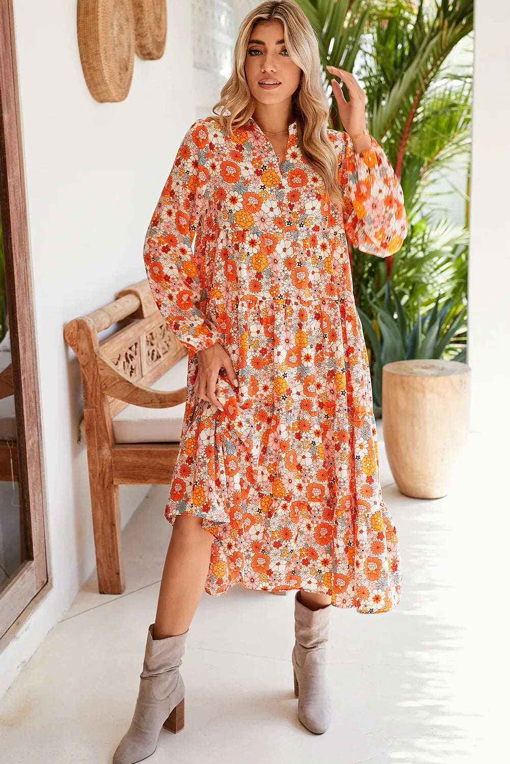 Orange Floral Collared Long Sleeve Dress Shewin 30% OFF