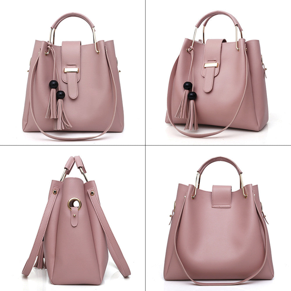 Pink handbag with tassels shown from multiple angles 