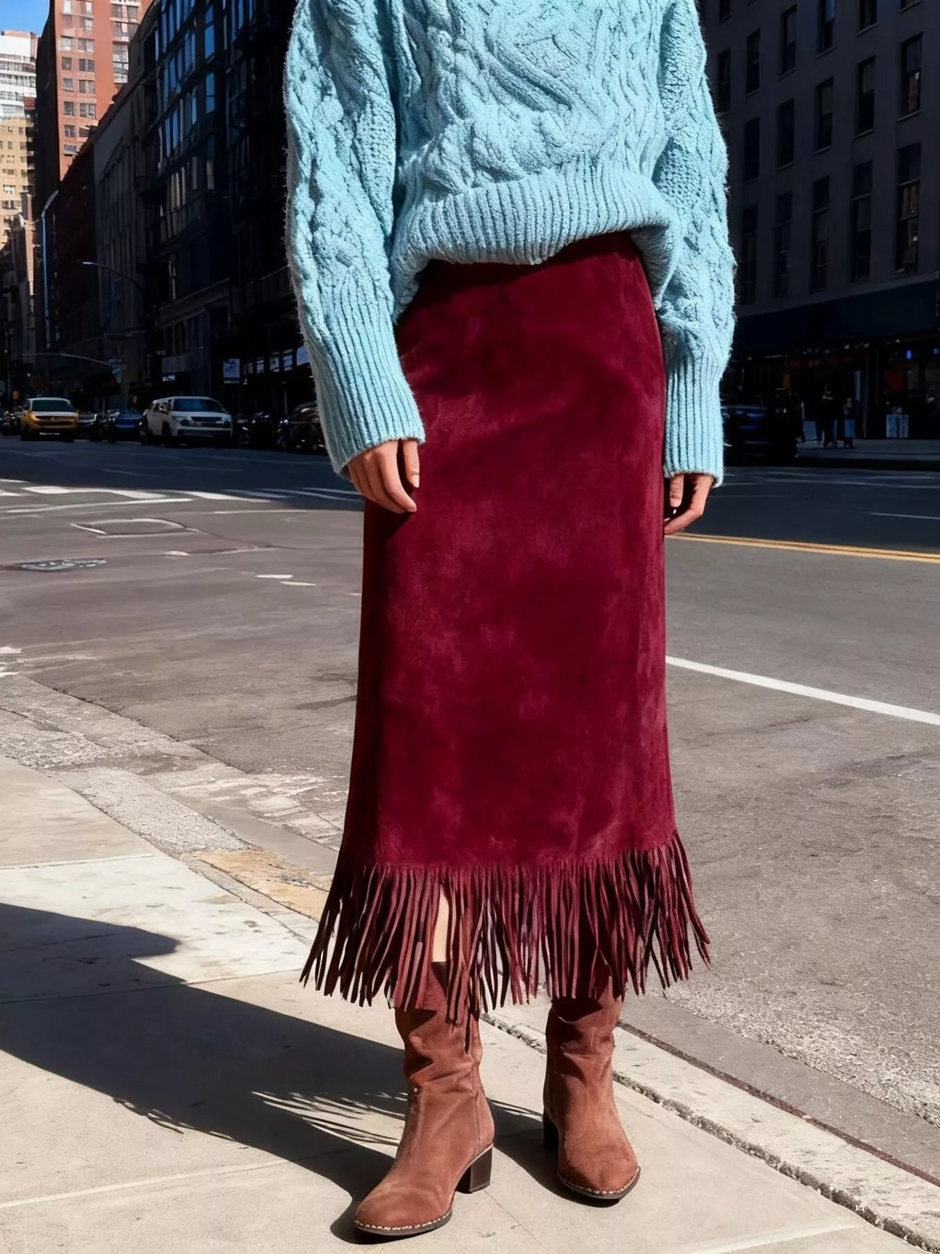 Suede Fringe Midi Skirt Deep Red Trendsi Suede Fringe Midi Skirt