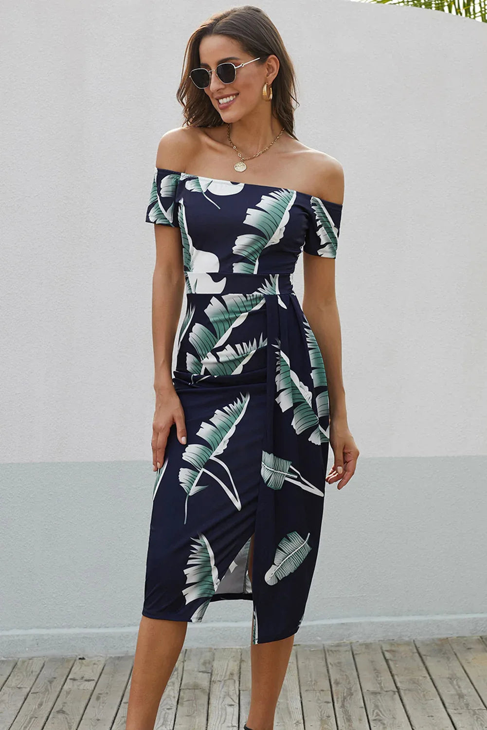Printed Off-Shoulder Split Dress Dark Navy Trendsi Off-Shoulder Split Dress