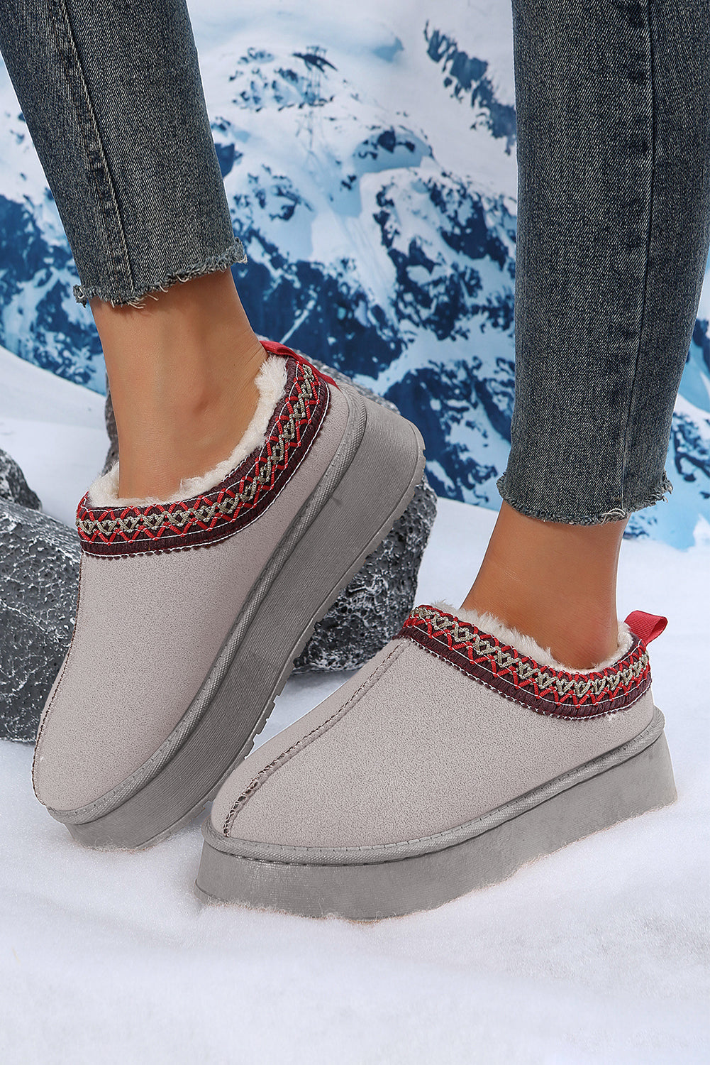 Suede Fur Trim Thick Flat Slippers