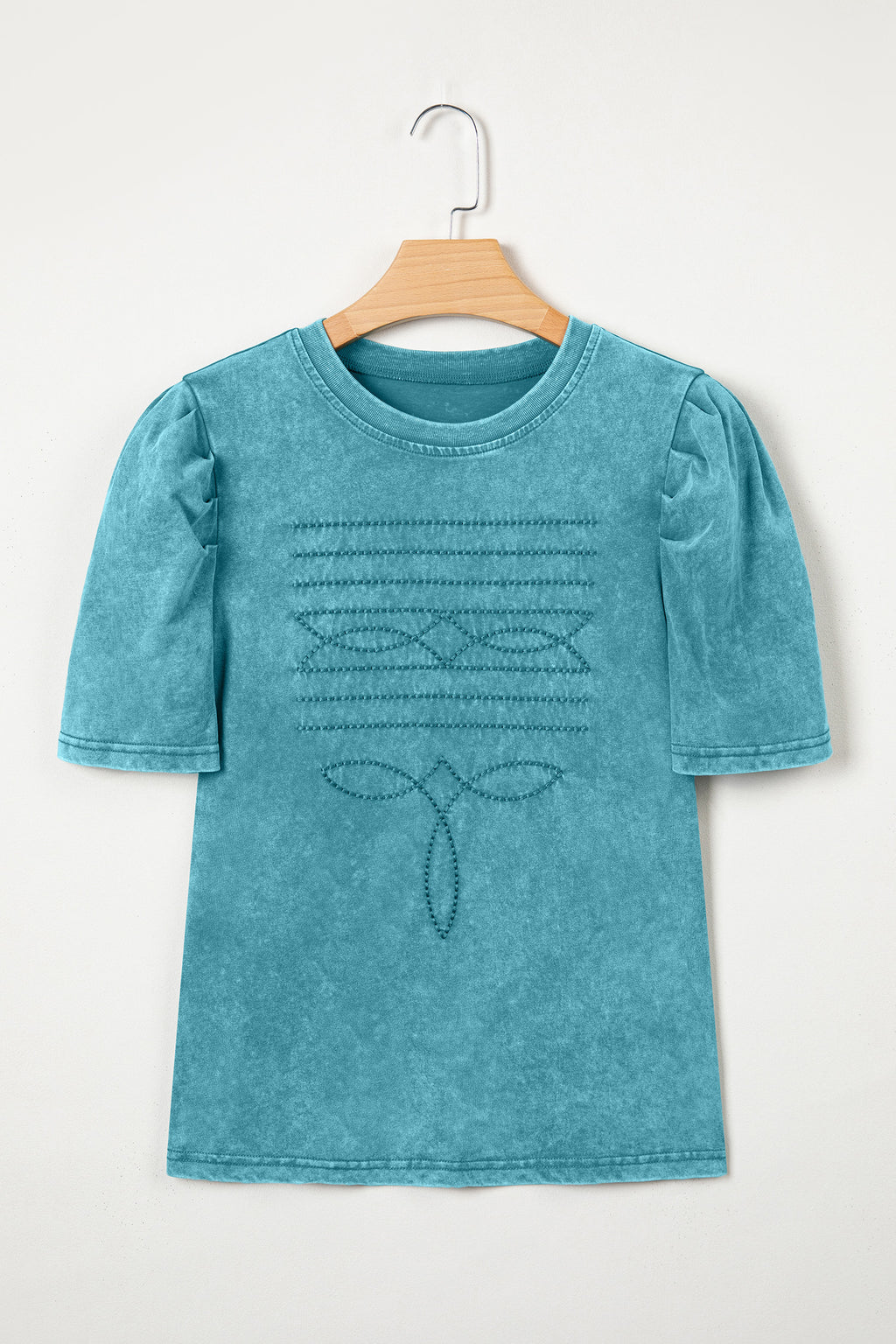 Turquoise Western Embroidered Cotton Tee – Mineral Wash Puff Sleeve Cowboy Top Dear-Lover Dropshipping Tops/Tops & Tees