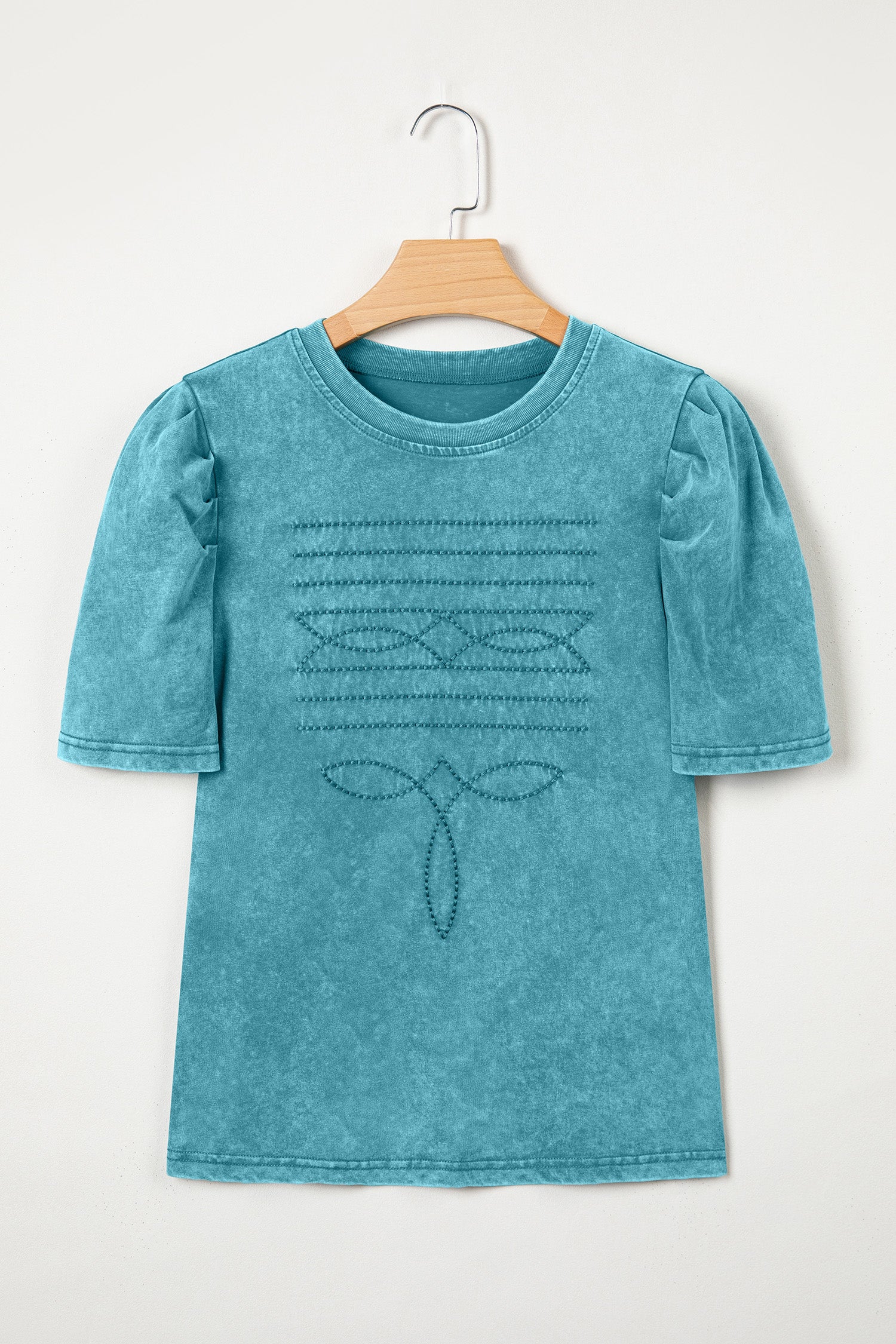 Turquoise Western Embroidered Cotton Tee – Mineral Wash Puff Sleeve Cowboy Top Dear-Lover Dropshipping Tops/Tops & Tees