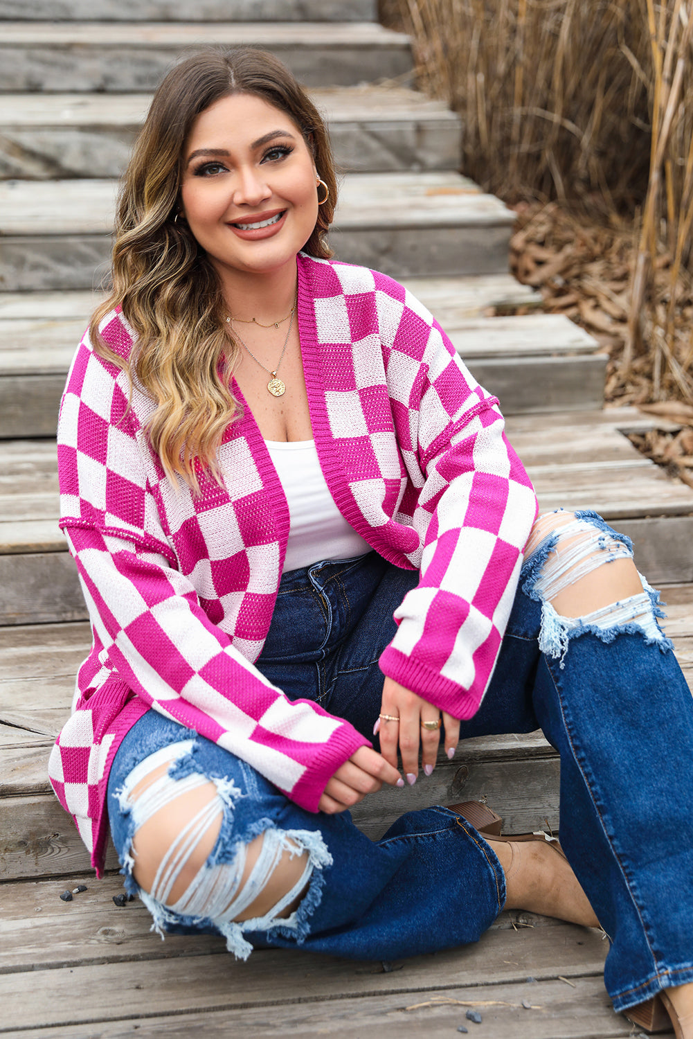 Bonbon Checkered Open Front Plus Size Cardigan