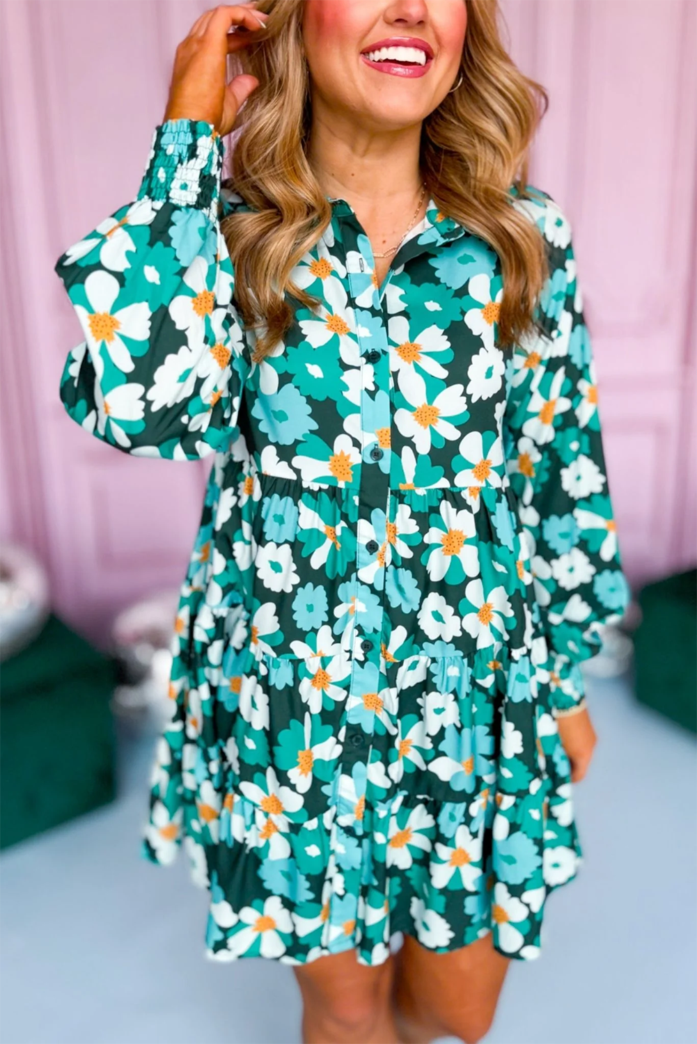 Green Floral Long Sleeve Shirt Dress