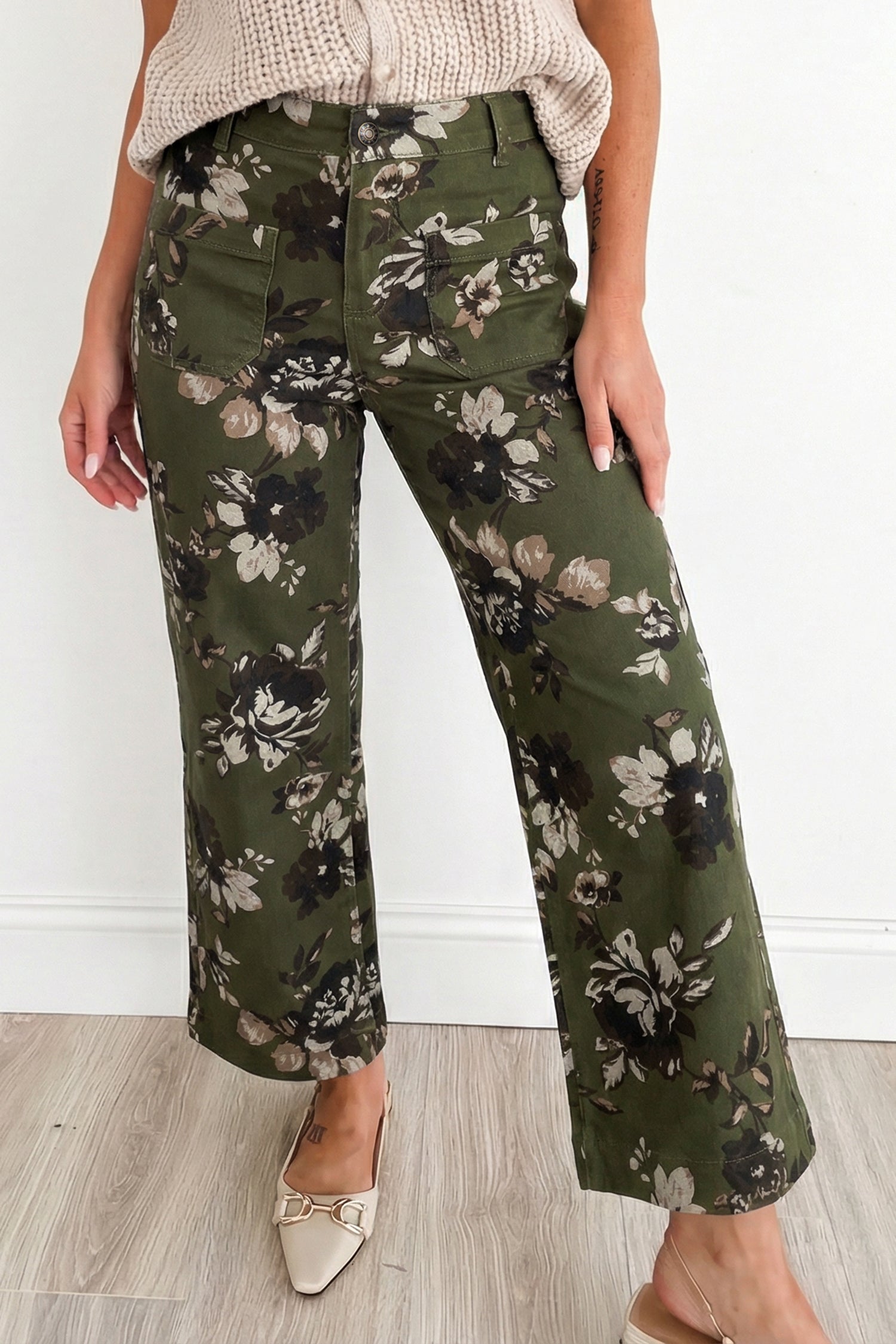 Green Vintage Floral Print Square Patch Pocket Raw Hem Shift Jeans Dear-Lover Dropshipping Bottoms/Jeans