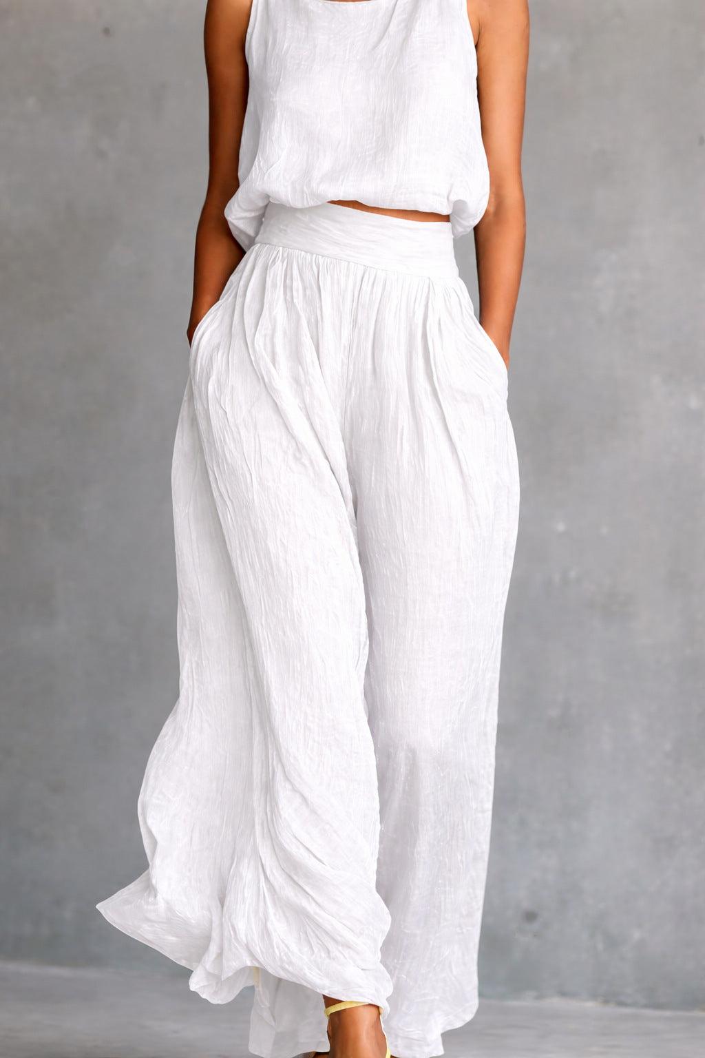 Solid Color Tank Top And Wide-Leg Pants Set White CJ Dropshipping Sleeveless Top and Pants Set