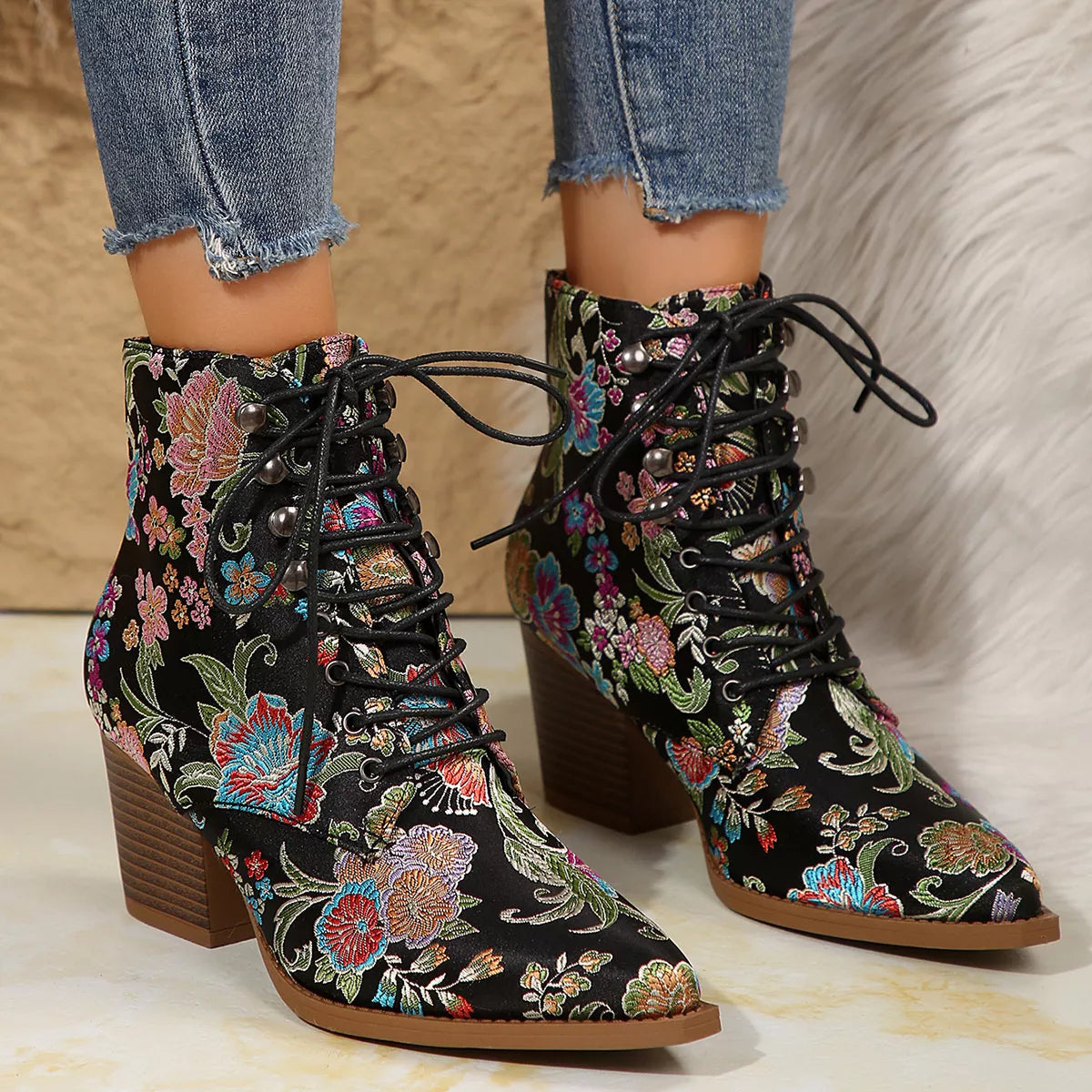 Floral Pointed Toe Block Heel Booties Black Bazaare Mart Booties