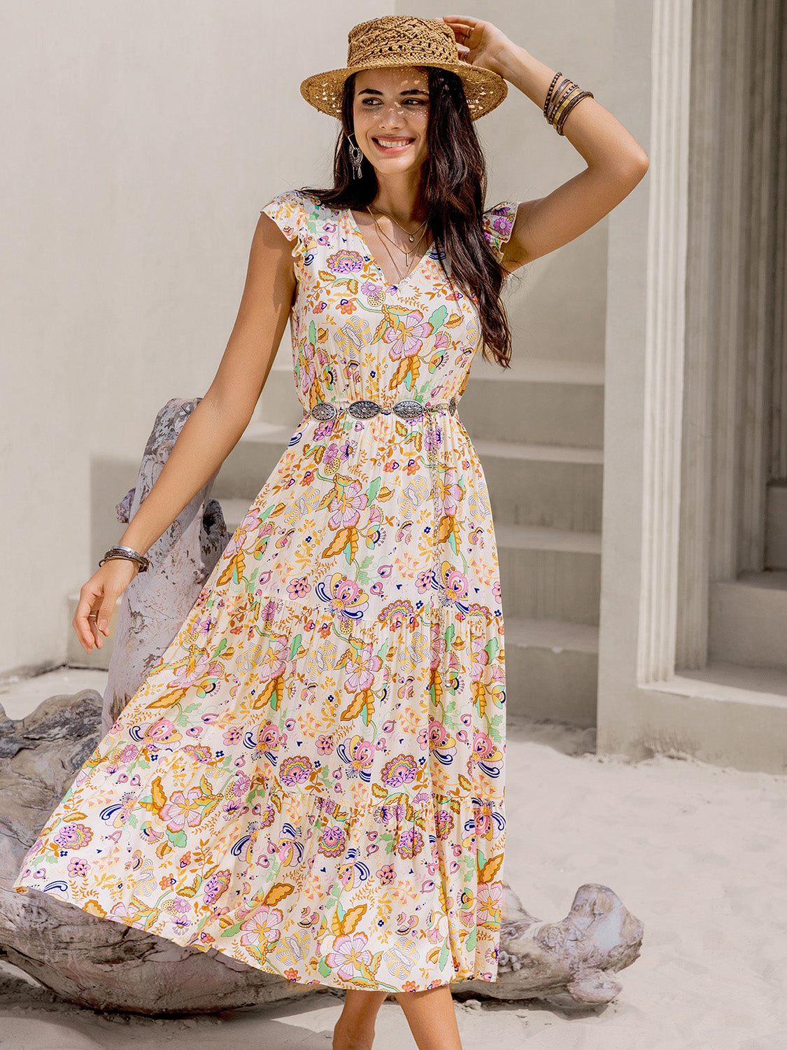 Yellow Floral Ruched Cap Sleeve Midi Dress