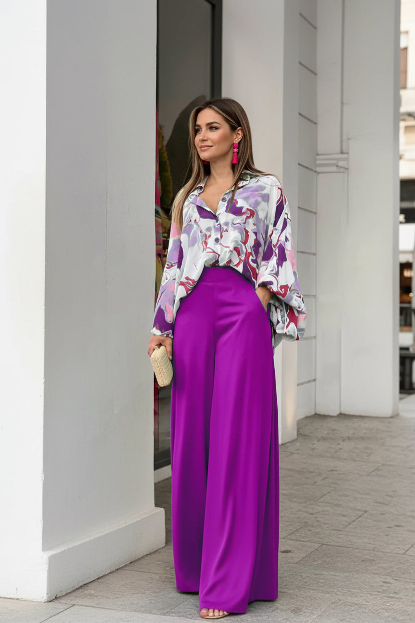 Women's Printed Shirt Wide Leg Pants Fashion Casual Set Purple CJ Dropshipping 2 pc. Pants Outfit
